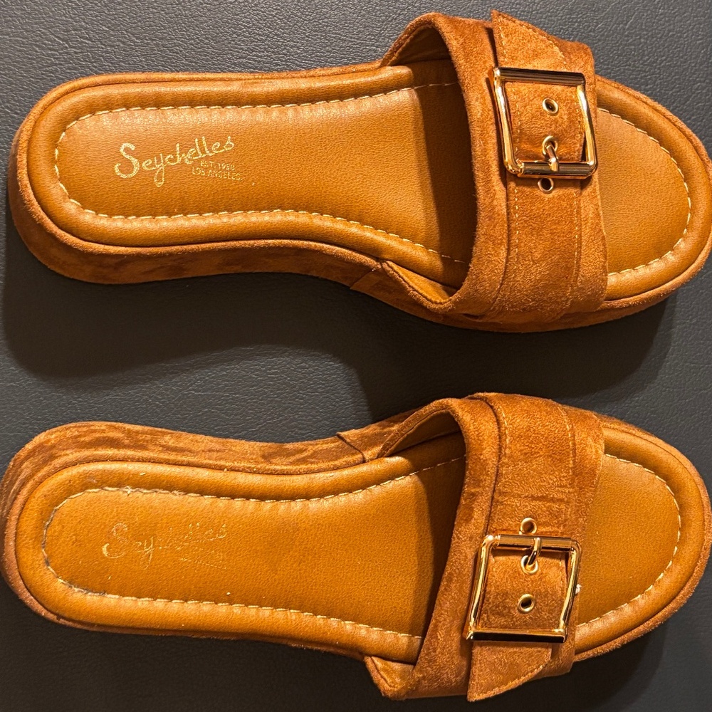 Seychelles Wedge Sandals with Buckle Accent Slides Size 7M Wooden Heels